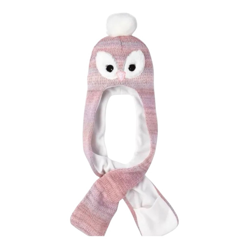 Pink Shimmering Owl Knit Beanie Hat with Scarf Size S-M 4-7